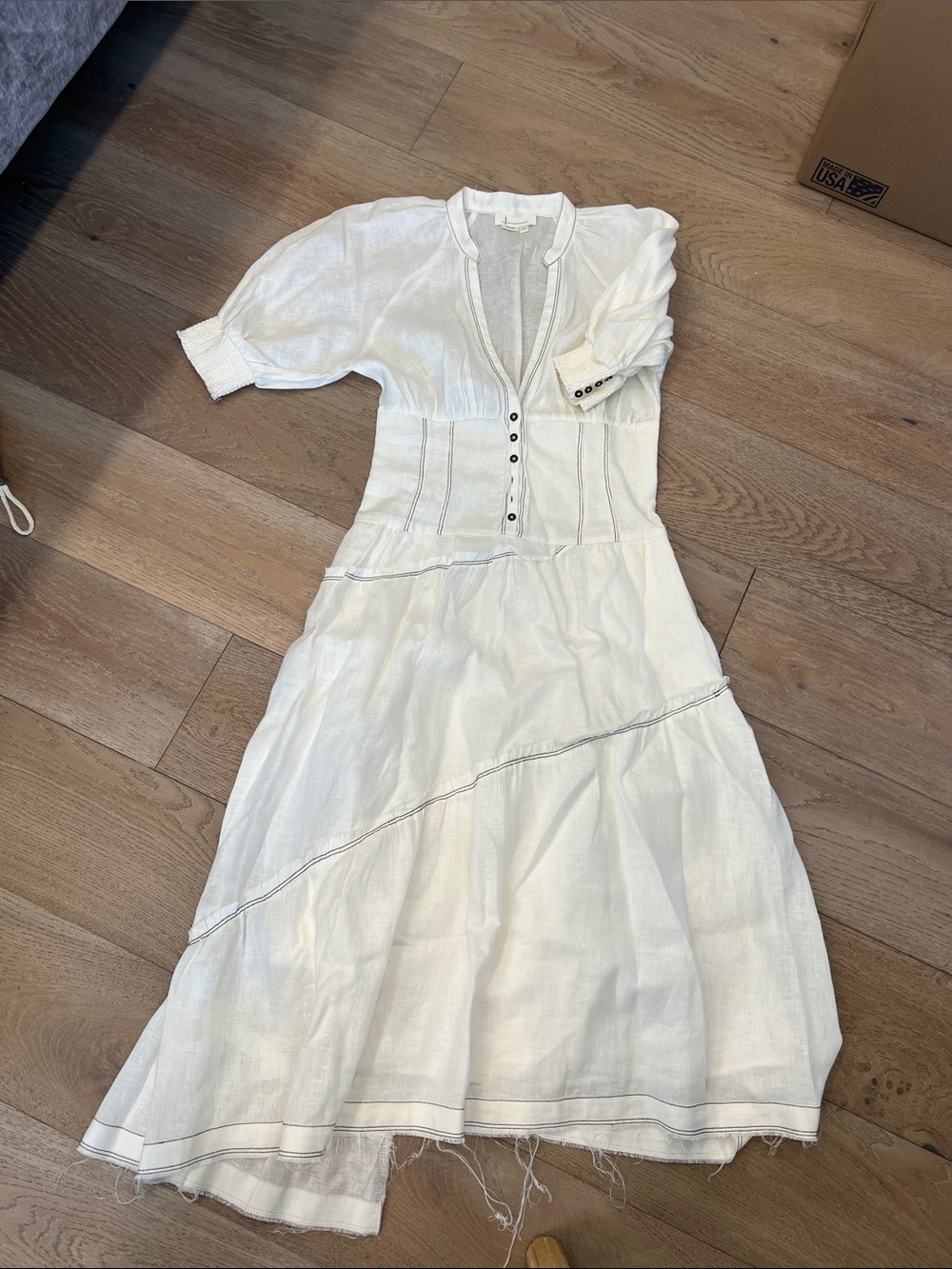 Anthropologie Cream Button-Front Midi Dress with Puff Sleeves